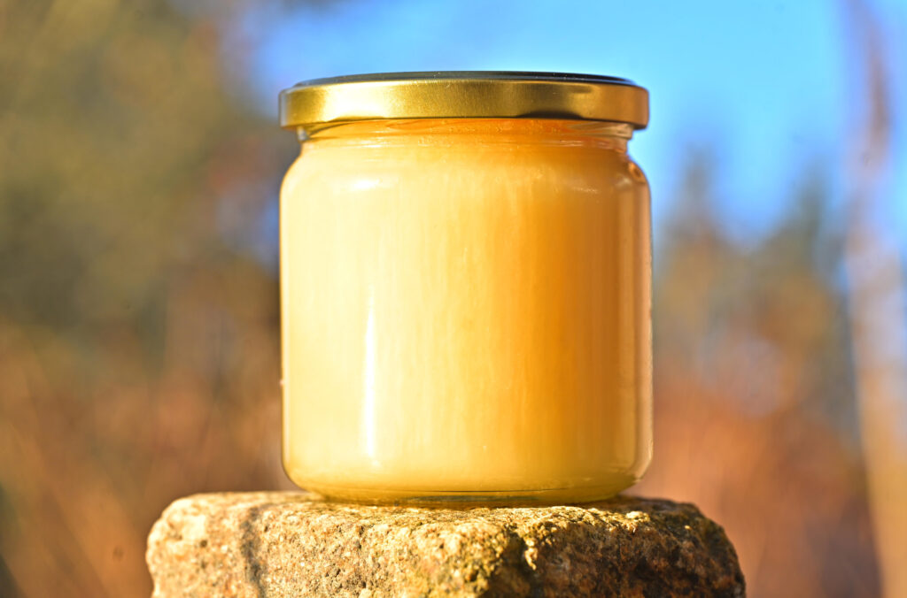 Glas mit hellem Frühlingsblütenhonig auf einem Stein im Sonnenlicht