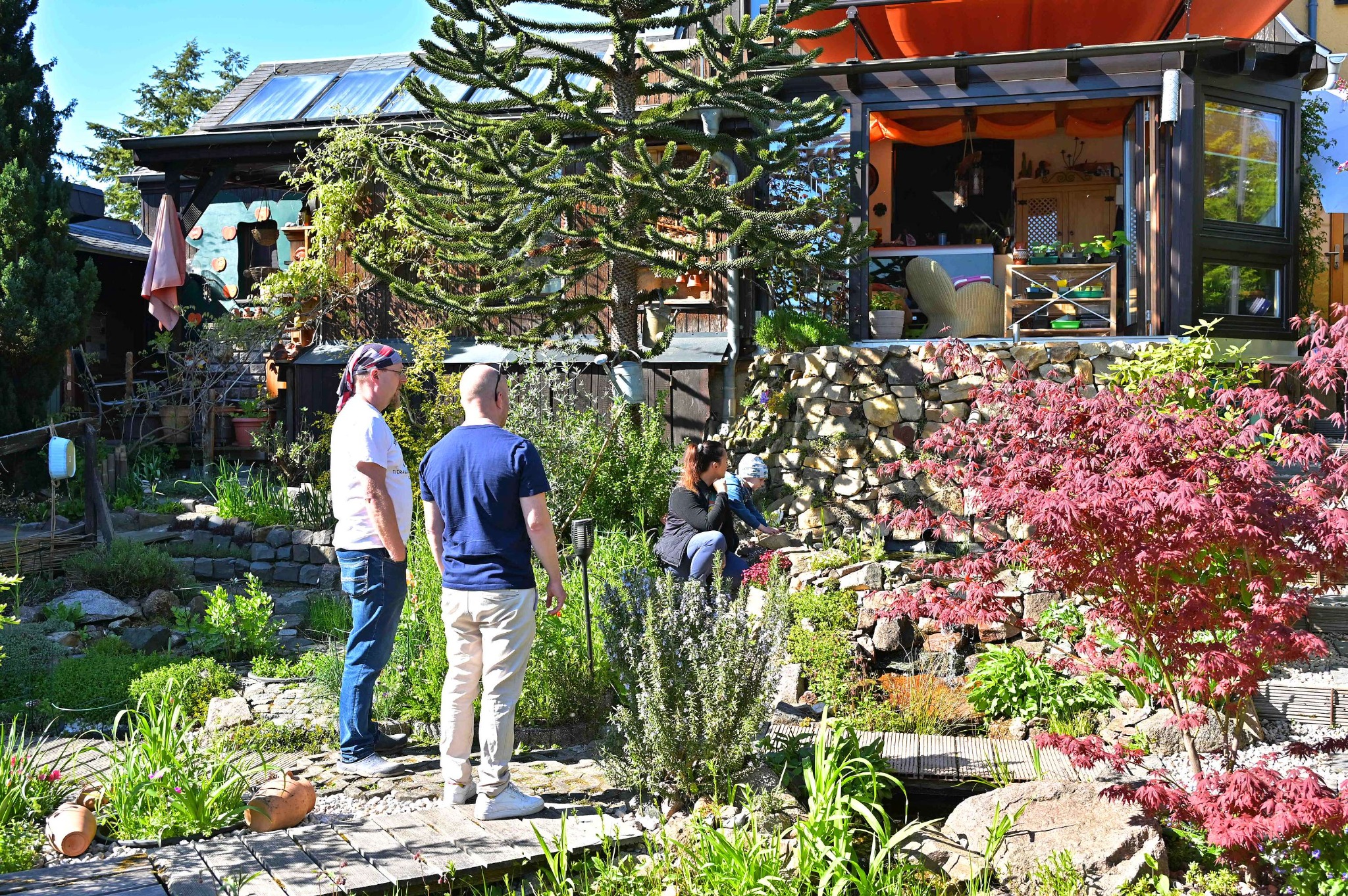 Gespräche am Gartenteich beim offenen Imkergarten mit Besuchern